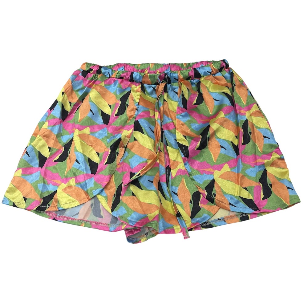 Beginning Boutique Satin Abstract Leaf Print Flowy Shorts 80s Style Multicolor 6